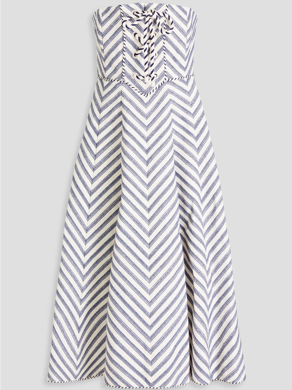 Zimmermann Blue and White Strapless Chevron Midi Dress
